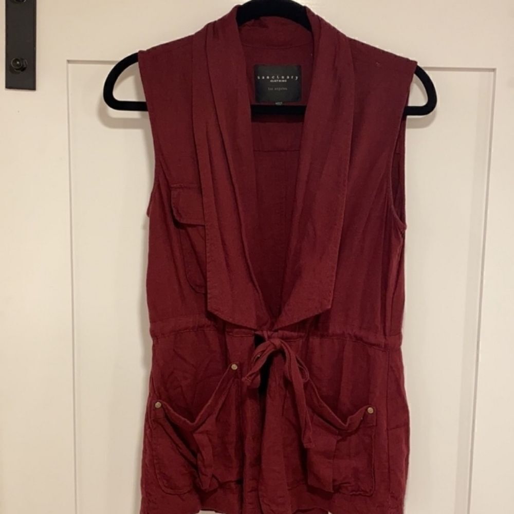 SANCTUARY Clothing S LinenCotton Burgundy2Pockets ShawlNeck Utility Women's Vest